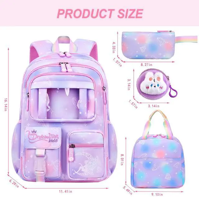 Alt view image 2 of 5 - 6Pcs Kawaii Backpack Set for Girls, Cute Pink Lightweight Daypack Kids Bookbag Large Capacity Laptop Bag, 17in Gradient Double Shoulder Backpack with Portable Lunch Bag(Purple)