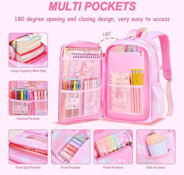 Alt view image 3 of 5 - 6Pcs Kawaii Backpack Set for Girls, Cute Pink Lightweight Daypack Kids Bookbag Large Capacity Laptop Bag, 17in Gradient Double Shoulder Backpack with Portable Lunch Bag(Purple)