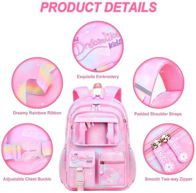 Alt view image 4 of 5 - 6Pcs Kawaii Backpack Set for Girls, Cute Pink Lightweight Daypack Kids Bookbag Large Capacity Laptop Bag, 17in Gradient Double Shoulder Backpack with Portable Lunch Bag(Purple)