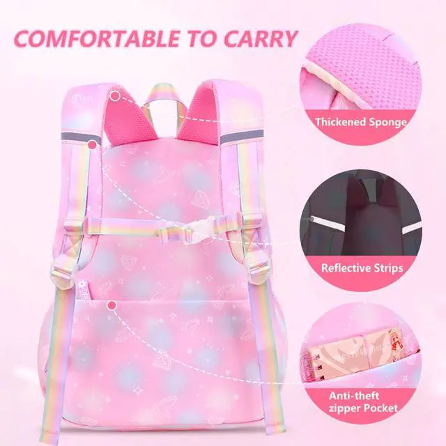 Alt view image 5 of 5 - 6Pcs Kawaii Backpack Set for Girls, Cute Pink Lightweight Daypack Kids Bookbag Large Capacity Laptop Bag, 17in Gradient Double Shoulder Backpack with Portable Lunch Bag(Purple)
