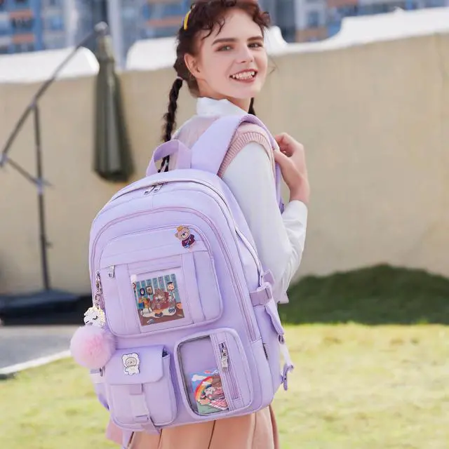 Alt view image 2 of 5 - Backpack for Girls with Accessories Laptop Bookbags 16 Inch Kawaii Kids Elementary Middle High School Bag College Travel Daypack Gifts for Teens Women Students (Purple)