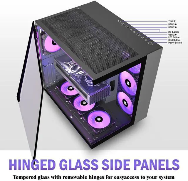 Alt view image 3 of 5 - AMANSON PC CASE ATX 9 PWM ARGB Fans Pre-Installed, Mid-Tower Gaming PC Case, Panoramic Tempered Glass Computer Case with Type-C,360mm Radiator SupportBlack