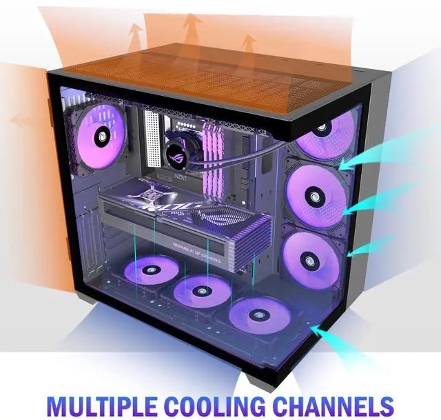 Alt view image 4 of 5 - AMANSON PC CASE ATX 9 PWM ARGB Fans Pre-Installed, Mid-Tower Gaming PC Case, Panoramic Tempered Glass Computer Case with Type-C,360mm Radiator SupportBlack