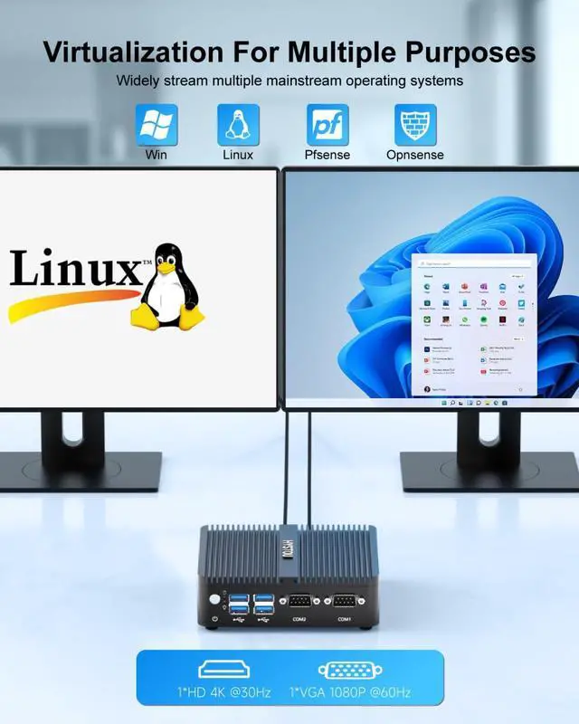Alt view image 2 of 5 - HYSTOU Mini PC Fanless Industrial: 8GB Ram DDR4 256GB SSD Micro Computer Celeron J4125 Dual LAN Mini Desktop PC Windows 10 Pro with Dual Band WiFi Bluetooth