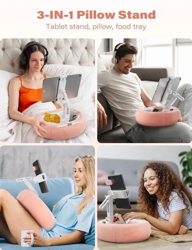 Alt view image 2 of 5 - TAZENI Tablet Kindle Pillow Stand Holder with 2 Trays Fit 4''-13'' Phone/Tablet/Kindle iPad Holder Stand for Bed with Soft Plus Fabric Reading Accessories Gift, Pink