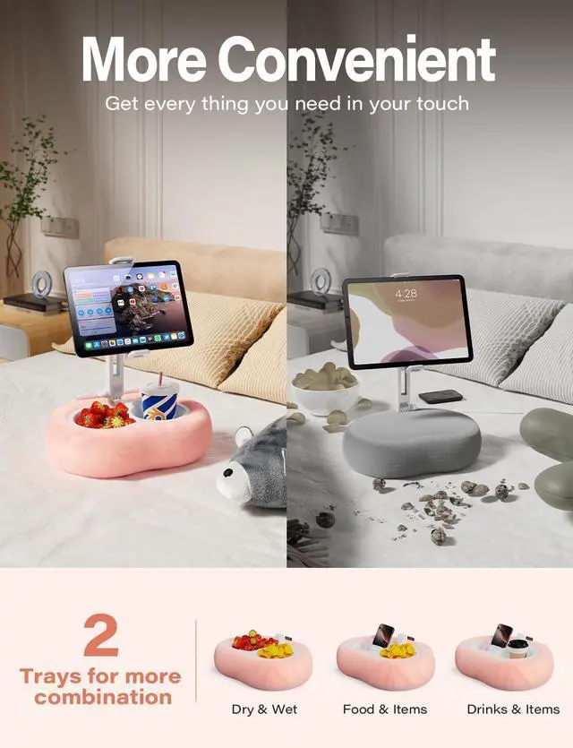 Alt view image 3 of 5 - TAZENI Tablet Kindle Pillow Stand Holder with 2 Trays Fit 4''-13'' Phone/Tablet/Kindle iPad Holder Stand for Bed with Soft Plus Fabric Reading Accessories Gift, Pink