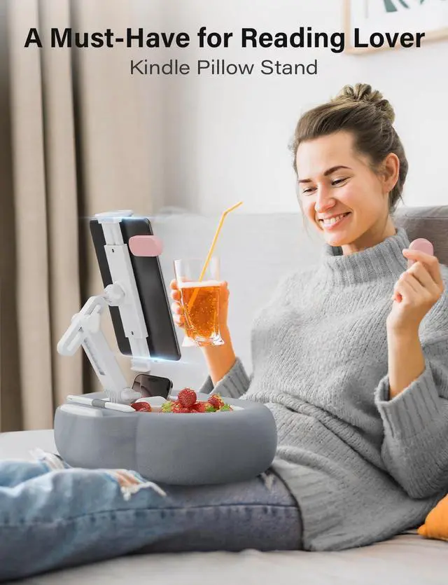 Alt view image 2 of 5 - TAZENI Tablet Kindle Pillow Stand Holder with 2 Trays Fit 4''-13'' Phone/Tablet/Kindle iPad Holder Stand for Bed with Soft Plus Fabric Reading Accessories Gift for Reading, Gray