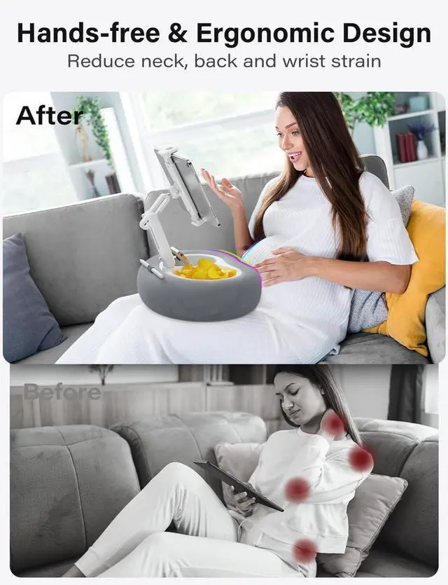 Alt view image 4 of 5 - TAZENI Tablet Kindle Pillow Stand Holder with 2 Trays Fit 4''-13'' Phone/Tablet/Kindle iPad Holder Stand for Bed with Soft Plus Fabric Reading Accessories Gift for Reading, Gray