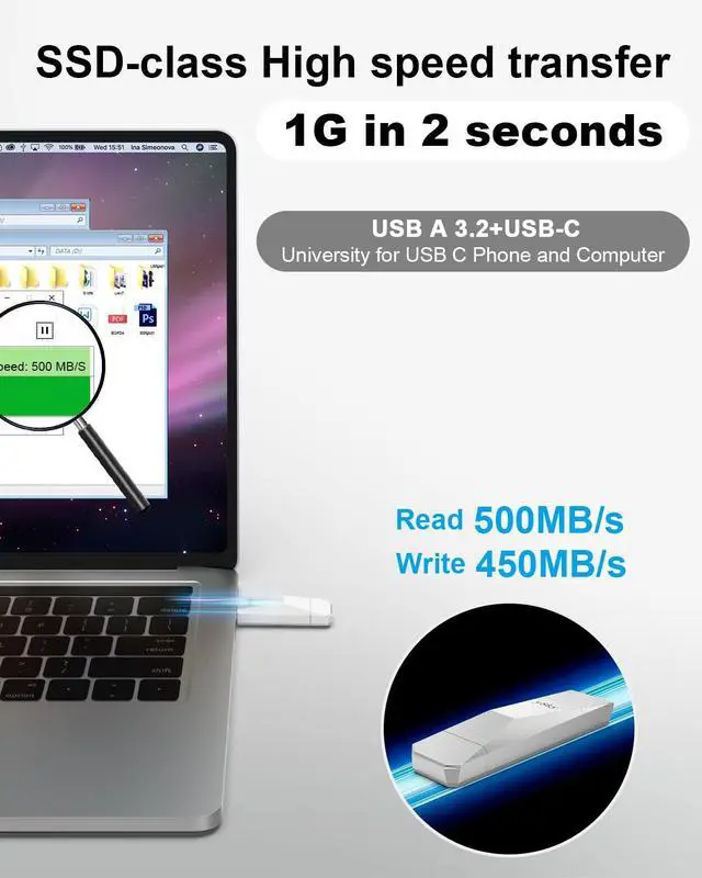 Alt view image 3 of 5 - ySky 256GB SSD USB-C 3.2 Gen2 Flash Drive, Up to 500MB/s 2-in-1 OTG Thumb Drive with Keychain Leather Case