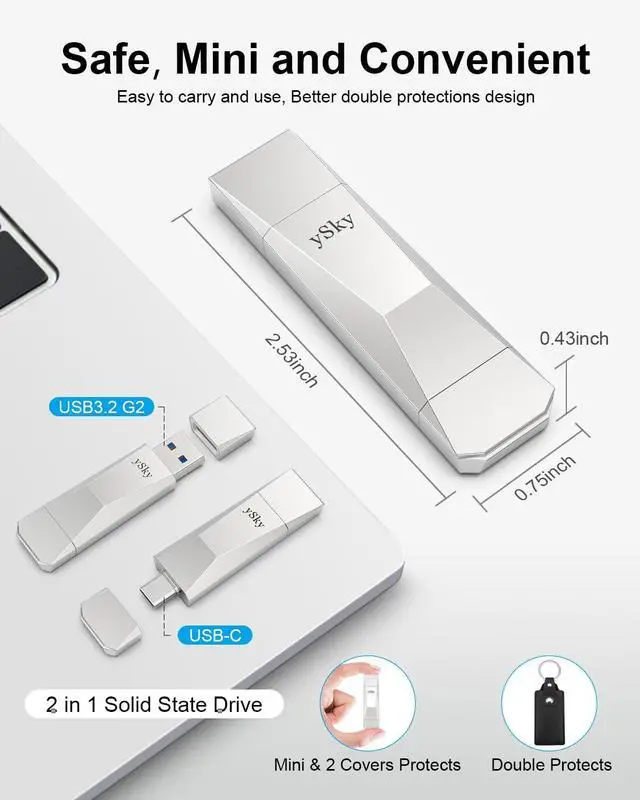 Alt view image 5 of 5 - ySky 256GB SSD USB-C 3.2 Gen2 Flash Drive, Up to 500MB/s 2-in-1 OTG Thumb Drive with Keychain Leather Case