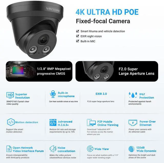 Alt view image 2 of 5 - VIKYLIN 4K 8MP IP PoE AI Camera(Black),Security IP Turret Camera with 98ft EXIR2.0 Night Vision,Built-in Mic,Human/Vehicle Detection, 2.8mm Lens,H.265,IP67,NDAA Complaint