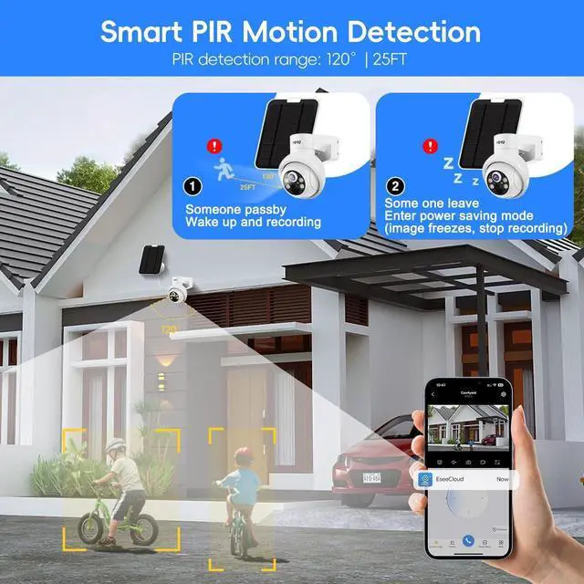 Alt view image 4 of 5 - Solar Security Cameras Outdoor, 4MP PTZ Solar Panel for Security Cameras, Battery Powered Wireless Cameras for Home with 128GB Card, PIR Motion Detection, Color Night Vision, Compatible with Alexa