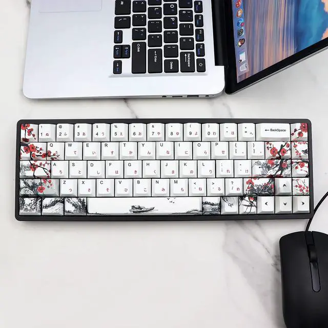 Alt view image 2 of 5 - JSJT Plum Blossom Keycaps 135 Keys Japanese Keycaps PBT Custom Keycap Set Cherry Profile Key Caps for US/ISO Layout Cherry MX Switch 64 68 87 96 108 Gaming Mechanical Keyboard(6.25u/7u Spacebar)