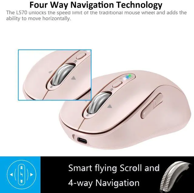 Alt view image 2 of 5 - CITLLA Wireless Bluetooth Mouse, Multi-Device,Portable Rechargeable, 4-Way Scroll,4 Level DPI,2.4G USB-A Receiver and Two Bluetooth, Silent Click for MacBook Air/Pro, iPad, Laptop, Computer, PC(Pink)