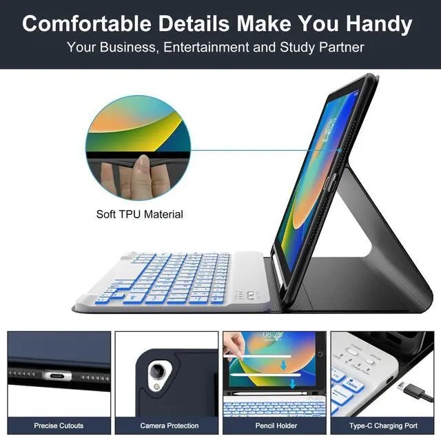 Alt view image 5 of 5 - BORIYUAN iPad 9th 2021/8th/7th Generation Keyboard Case, 7 Colors Backlit Detachable Keyboard Folio Smart Cover for iPad 10.2 Inch/iPad Air 10.5"(3rd Gen)/iPad Pro 10.5" with Pencil Holder  Dark Blue