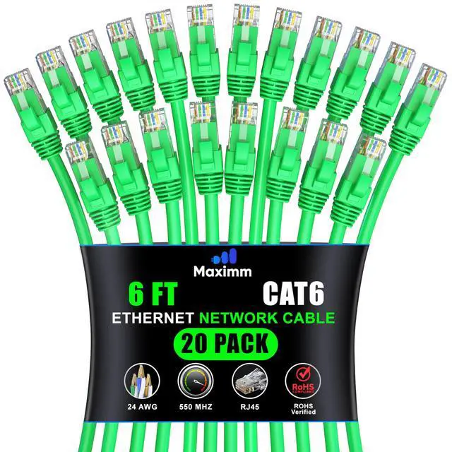 Main image of Maximm Cat 6 Ethernet Cable 6 ft (20-Pack) - High-Speed LAN Cable, Internet Cable, Patch Cable, and Network Cable - UTP, 10Gbps, 550MHz Ethernet Cord - Green