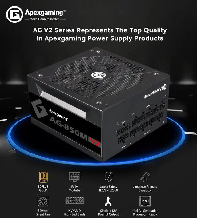 Alt view image 3 of 5 - New 2023 ApexGaming Intel V2-Compliant 850W 80+ Gold Full Modular Gaming PSU ; Fully Optimized for Intel i9/i7/i5 Gen 11/10 CPU ; Support Latest nVidia/AMD GPU