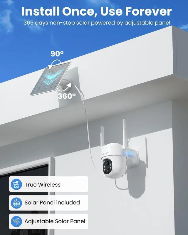 Alt view image 2 of 5 - VIZIUUY Solar Security Cameras Wireless Outdoor, 2 Pack 3MP Security Cameras Wireless Outdoor, Pan Tilt 360°WiFi Camera with Color Night Vision/PIR Sensor/2-Way Audio/Alexa/Google Assistant