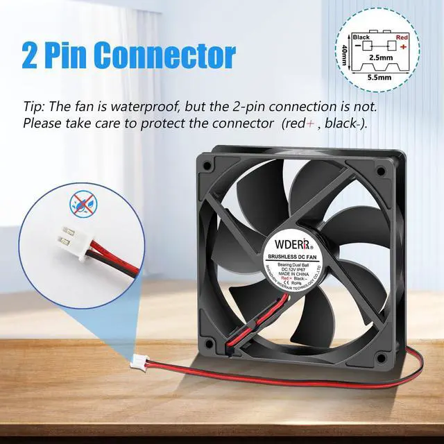 Alt view image 4 of 5 - WDERAIR Small 120mm x 25mm 12V DC IP67 Waterproof Brushless Dual Ball Bearing Cooling Fan 2Pin for DIY Replacement Exhaust Cooler Projects 2pcs