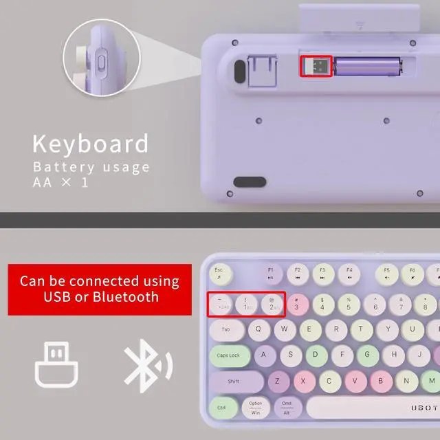 Alt view image 5 of 5 - UBOTIE Dual Mode Colorful Wireless Keyboard, Bluetooth and USB Receiver Retro Typewriter Round Keycaps Keyboard Support Multi Devices for PC Laptop Tablet Phones(Purple Colorful)
