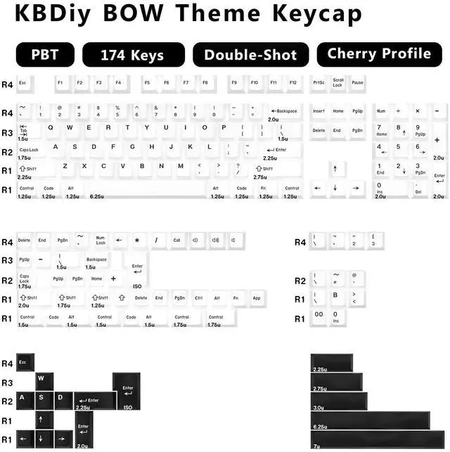 Alt view image 2 of 5 - KBDiy Bow PBT Double Shot Keycap Set,174 Keys White and Black Custom Key Cap Keycaps 60 Percent Cherry Profile Keycaps for 61/64/68/84/87/100/104/108 Mechanical Keyboard
