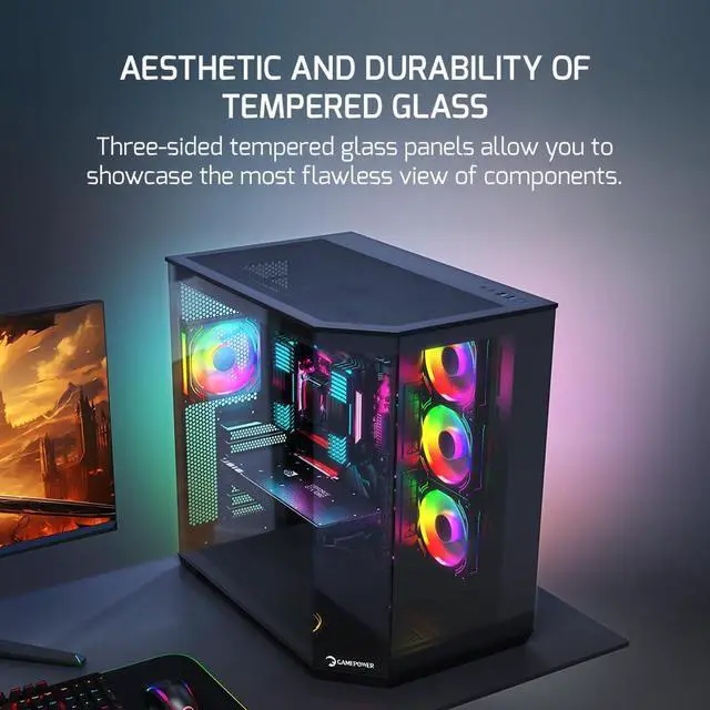 Alt view image 2 of 5 - GAMEPOWER Warcry Edge Mid-Tower ATX Gaming Pc Case, Elegant Design, Dual-Compartment Tempered Glass, Includes 1x PWM Fan, Type-C, Dust Filter, Black