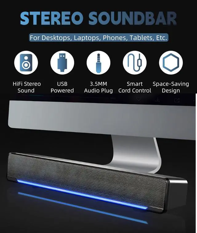 Alt view image 2 of 5 - Soundbar,USB Wired SoundBar,Music Player with Bass Surround,Stereo USB Powered Mini Soundbar Speakers with 3.5mm Input for PC Tablets Laptop Desktop Projector Cellphone for Home Theater(Black)