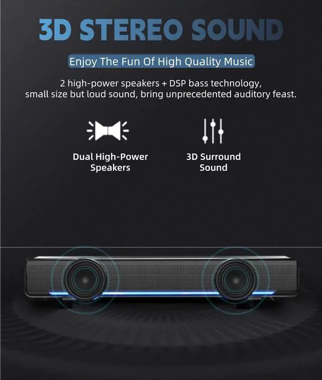 Alt view image 3 of 5 - Soundbar,USB Wired SoundBar,Music Player with Bass Surround,Stereo USB Powered Mini Soundbar Speakers with 3.5mm Input for PC Tablets Laptop Desktop Projector Cellphone for Home Theater(Black)