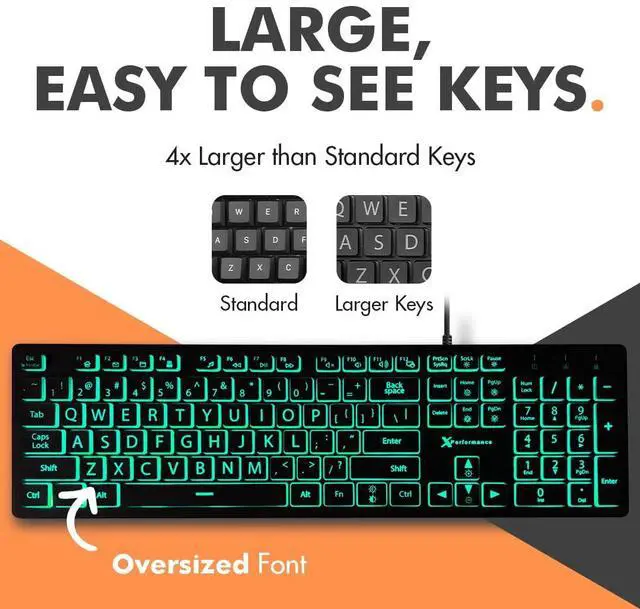 Alt view image 2 of 5 - X9 Wired Keyboard and Mouse Combo - Large Print Backlit Keyboard and Mouse for Elderly, Low Vision, Visually Impaired - 7 LED Light Up Color, Lighted Large Letters for Laptop PC Computer USB