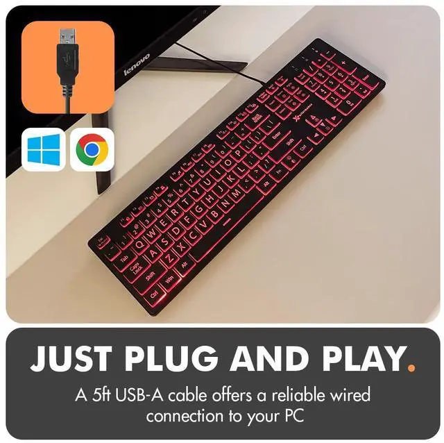 Alt view image 4 of 5 - X9 Wired Keyboard and Mouse Combo - Large Print Backlit Keyboard and Mouse for Elderly, Low Vision, Visually Impaired - 7 LED Light Up Color, Lighted Large Letters for Laptop PC Computer USB