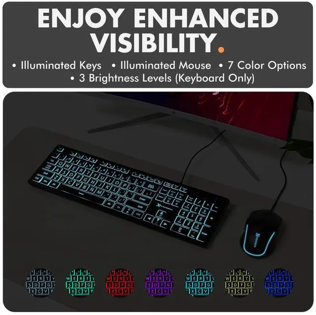 Alt view image 5 of 5 - X9 Wired Keyboard and Mouse Combo - Large Print Backlit Keyboard and Mouse for Elderly, Low Vision, Visually Impaired - 7 LED Light Up Color, Lighted Large Letters for Laptop PC Computer USB
