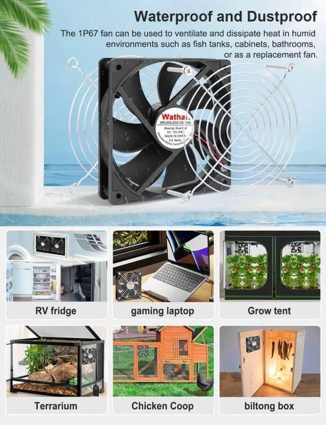 Alt view image 3 of 5 - Wathai 120mm x 25mm DC 12V Waterproof Fan Dual Ball High Preformance for Electronic Equipment Cabinet or DIY Cooling Ventilation Exhaust Projects IP67 2 Pack