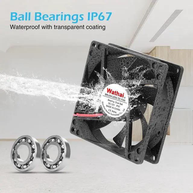 Alt view image 4 of 5 - Wathai 120mm x 25mm DC 12V Waterproof Fan Dual Ball High Preformance for Electronic Equipment Cabinet or DIY Cooling Ventilation Exhaust Projects IP67 2 Pack
