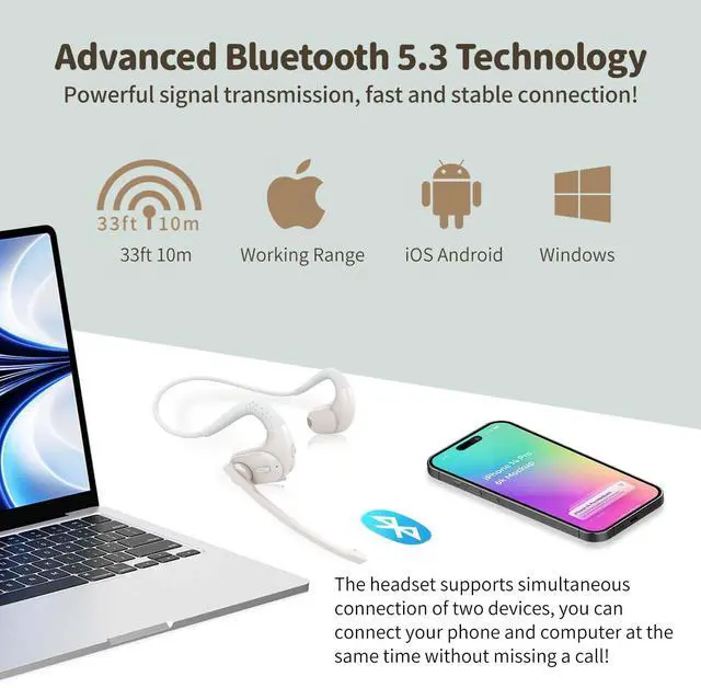 Alt view image 5 of 5 - BANIGIPA Bluetooth Headset with Removable Microphone, Noise Cancelling Wireless Headset for Phones Laptop Computer PC, Open Ear Headphones for Office Meeting Running Cycling Driving Working-12 Hrs