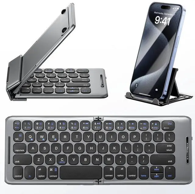 Main image of PuechAxe Foldable Bluetooth Keyboard with Stand Holder, Rechargeable Pocket Size Folding Travel Keyboard for iPhone, iPad, Tablet, Laptop, Smartphone, B088