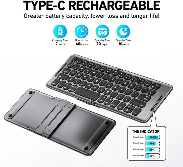 Alt view image 4 of 5 - PuechAxe Foldable Bluetooth Keyboard with Stand Holder, Rechargeable Pocket Size Folding Travel Keyboard for iPhone, iPad, Tablet, Laptop, Smartphone, B088