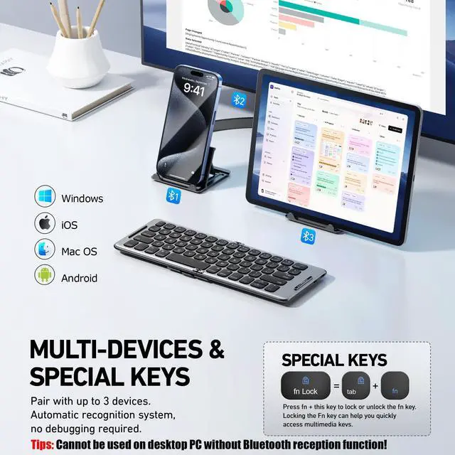 Alt view image 3 of 5 - PuechAxe Foldable Bluetooth Keyboard with Stand Holder, Rechargeable Pocket Size Folding Travel Keyboard for iPhone, iPad, Tablet, Laptop, Smartphone, B088