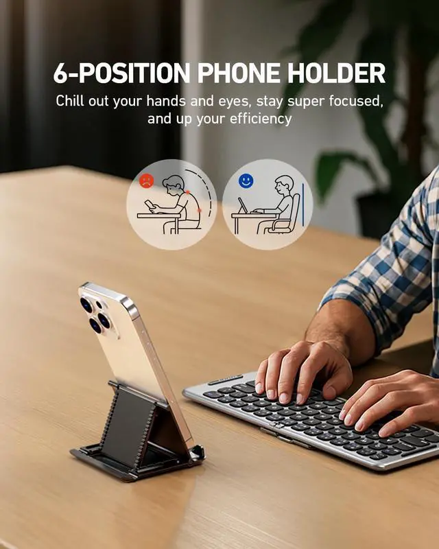 Alt view image 5 of 5 - PuechAxe Foldable Bluetooth Keyboard with Stand Holder, Rechargeable Pocket Size Folding Travel Keyboard for iPhone, iPad, Tablet, Laptop, Smartphone, B088
