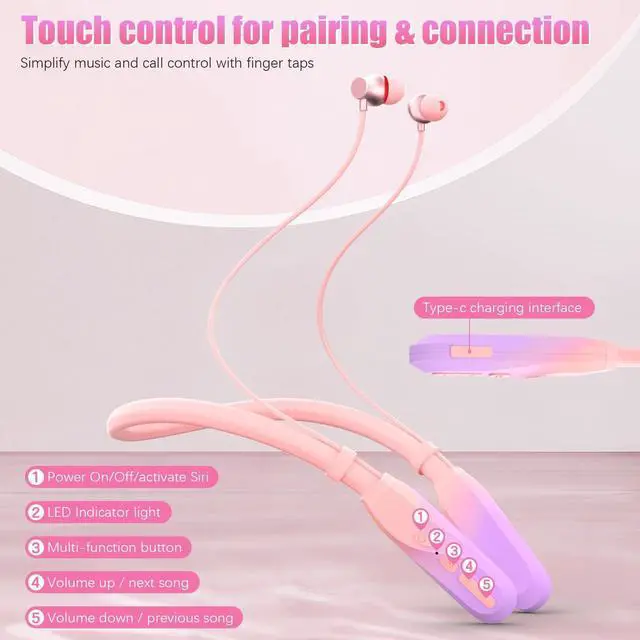 Alt view image 4 of 5 - Lecefty Neckband Bluetooth Headphones, 200H Extra Long Playtime Wireless Stereo Neckband Earbuds with Microphone, Waterproof Balanced Armature Drivers in Ear Headset for Sports/Workout (Pink-Purple)