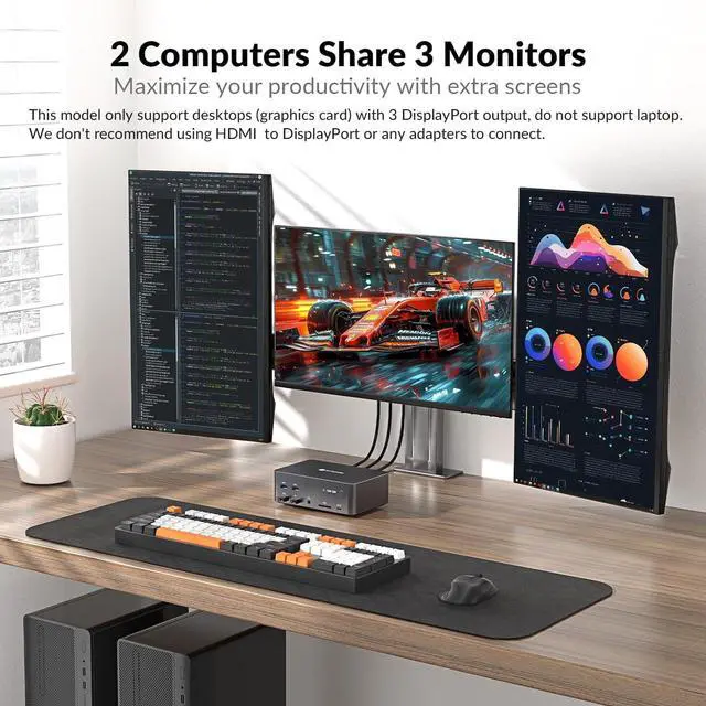 Alt view image 2 of 5 - (Desktop only) AV Access iDock D23 8K KVM Switch Docking Station for 2 PCs & Triple Monitor, with 6 DP Cables, DisplayPort 2.0, 1G Ethernet, USB 3.0, 4K@165/144Hz, 2K@144Hz for Gaming & Home Office