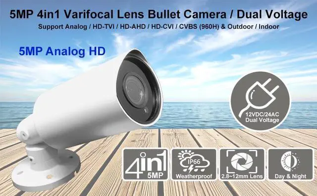 Alt view image 2 of 5 - 101AV 5MP Super-HD Security Bullet Camera 4 in 1(TVI, AHD, CVI, CVBS) 5Megapixel CMOS Image Sensor 2.8-12mm Variable Focus Lens Auto Iris IR in/Outdoor WDR OSD Camera 12VDC/24VAC(White)