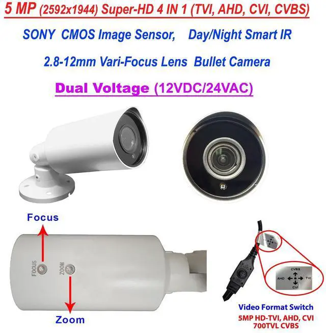 Alt view image 3 of 5 - 101AV 5MP Super-HD Security Bullet Camera 4 in 1(TVI, AHD, CVI, CVBS) 5Megapixel CMOS Image Sensor 2.8-12mm Variable Focus Lens Auto Iris IR in/Outdoor WDR OSD Camera 12VDC/24VAC(White)