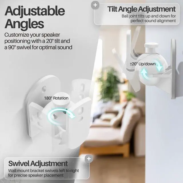 Alt view image 2 of 5 - TNP Universal Satellite Speaker Wall Mount Bracket Ceiling Mount Clamp with Adjustable Swivel and Tilt Angle Rotation for Home Theater Surround Sound System Satellite Speakers - 6 Pack, White