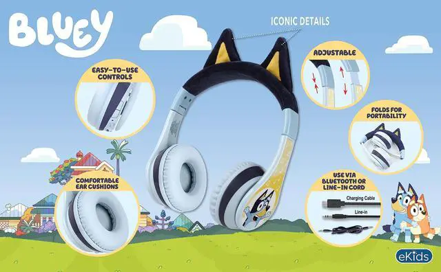 Alt view image 3 of 5 - eKids Bluey Bluetooth Headphones for Kids, Wireless Headphones with Microphone Includes Aux Cord, Volume Reduced Kids Foldable Earphones for School, Home, or Travel