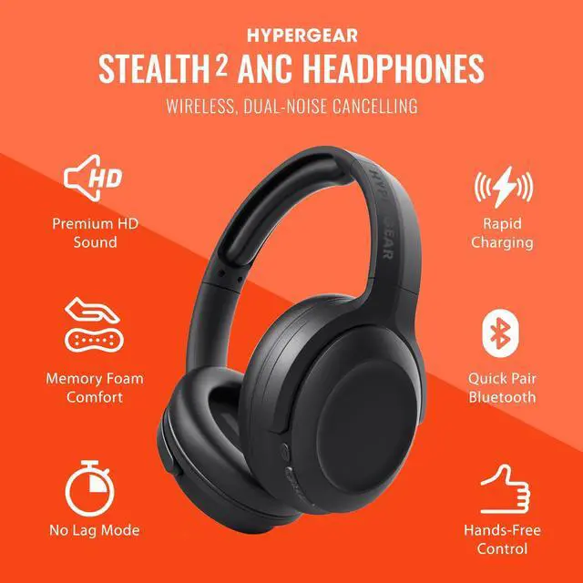 Alt view image 2 of 5 - HyperGear Stealth2 ANC Wireless Bluetooth Noise Cancelling Headphones - Over-Ear, Bluetooth HD Audio, Deep Bass, Quick Charge, Dual Noise Cancelling Mics, Wireless Sound Technology - Black