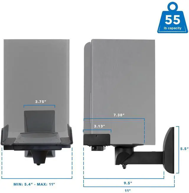 Alt view image 5 of 5 - Mount-It! Bookshelf Speaker Wall Mount, Pair of Universal Side Clamping Speaker Shelf Wall Mounting Brackets for Large or Small Speakers, 2 Full Motion Mounts, 55 Lbs Capacity, Black (MI-SB37)