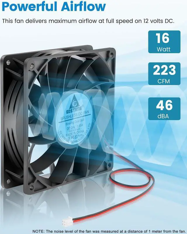 Alt view image 3 of 5 - GDSTIME 140mm x 38mm High Static Pressure Fan 24V 2-Pin - 140x140x38mm Dual Ball Bearing Brushless Cooling Fan for CPU Coolers, Heat Sinks, Radiators