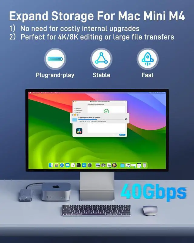 Alt view image 3 of 5 - 40Gbps M.2 NVMe SSD Enclosure, Maintenance-Free, Dual-Sided Raised Heatsink, Tool-Free Quick-Open, for Thunderbolt 4/3/USB4/3.2/3.0, for Mac Mini M4/Pro, M1 M2 Pro/Max, SSD Size 2280/2260/2242/2230