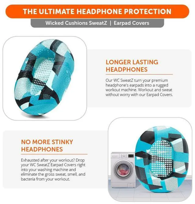 Alt view image 4 of 5 - WC SweatZ XM5 - Patented Earpad Sweat Covers for Sony WH1000XM5 by Wicked Cushions | Full 360 Earpad Protection | Sweatproof & Easily Washable | Cyan Prism