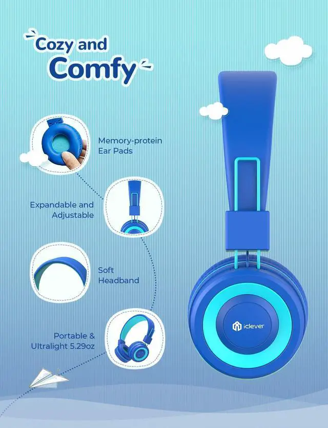 Alt view image 3 of 5 - iClever [2 Pack BTH02 Kids Bluetooth Headphones for School with MIC, 85dBA Volume Protection, Adjustable Foldable,for iPad/Tablet/Airplane, Green/Blue